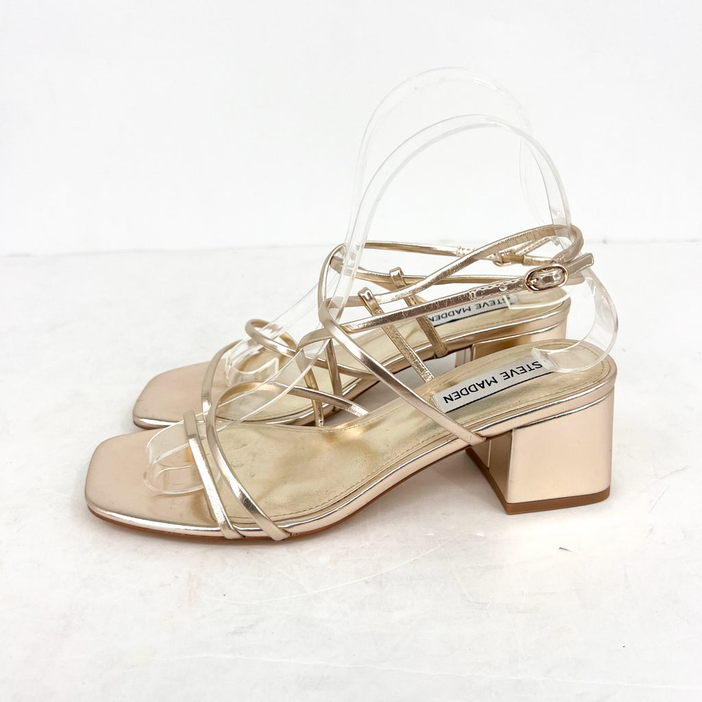 STEVE MADDEN Women's Remmi Heeled Sandals Size 6.5M Gold Strappy NWOB