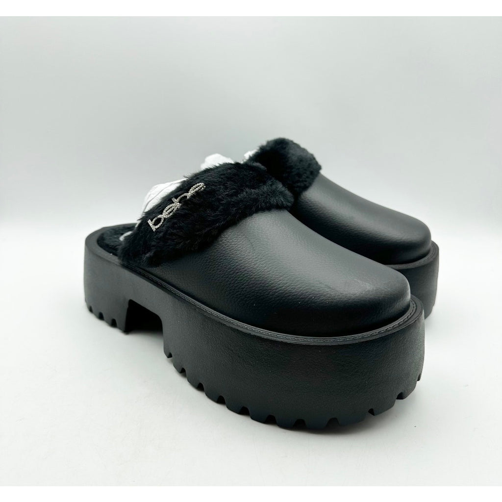 BEBE Women's Platform Slides Size 7 Black Faux Fur Collar Rhinestone Logo NWOB