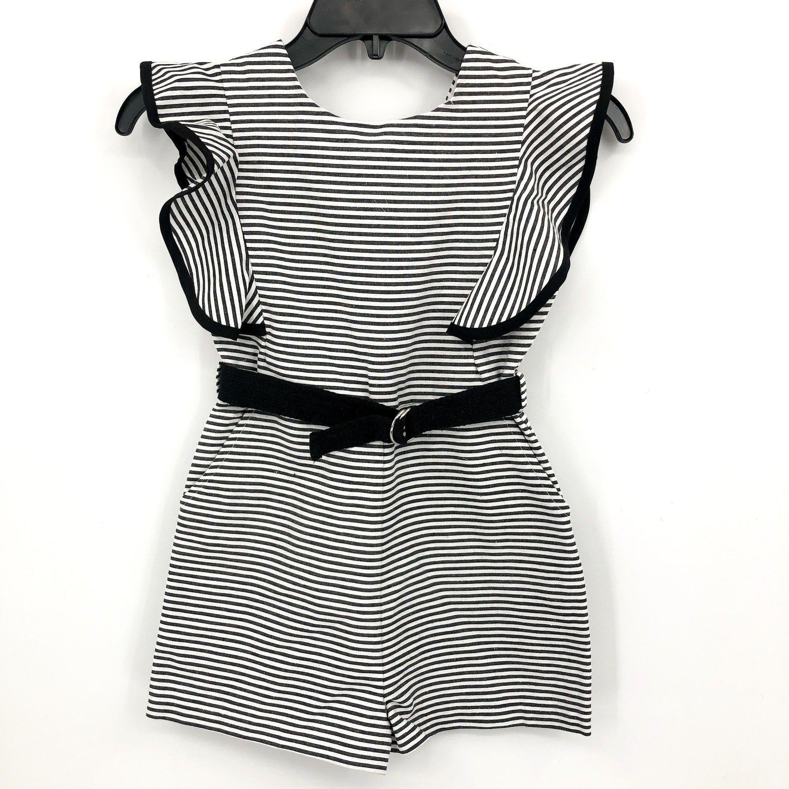 BARDOT Girls Esther Belt Playsuit Romper Medium Black White Stripe Ruffle NWT