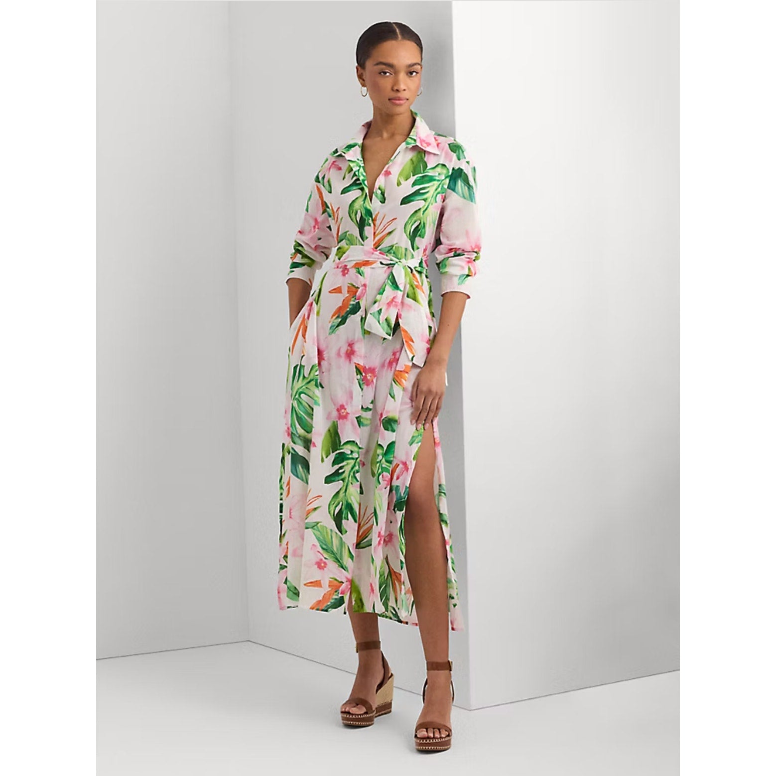 LAUREN RALPH LAUREN Tropical Floral Voile Shirtdress XL White Multi NWOT