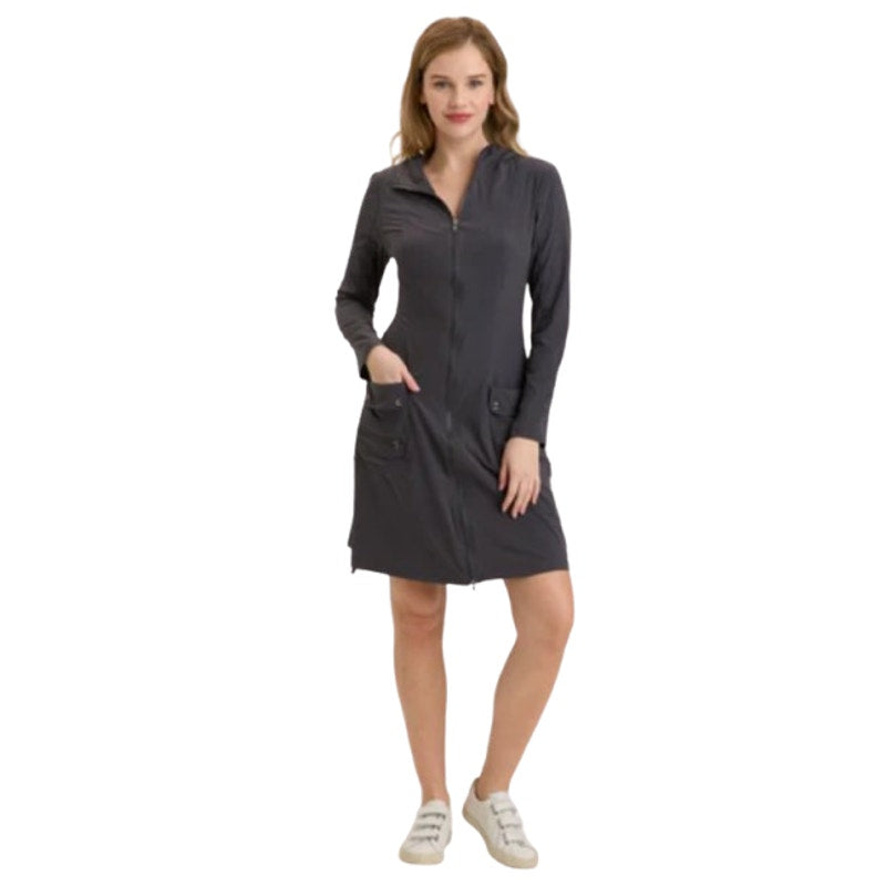 WEARABLE XCVI Active Rufino Stretch Jacket Dress Large Charcoal Grey Hooded NWT