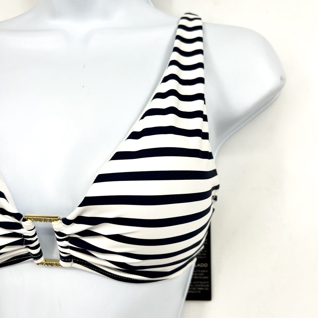 LAUREN RALPH LAUREN Luxe Ring Front Bikini Top Size 8 Navy Blue White Stripe NWT