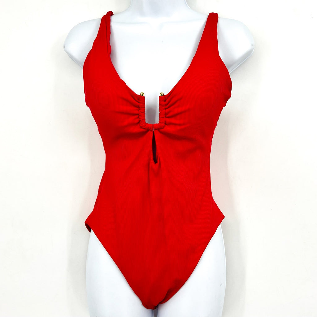 BECCA Women's Modern Edge One Piece Swimsuit Large Fire Red Plunge Neck NWT