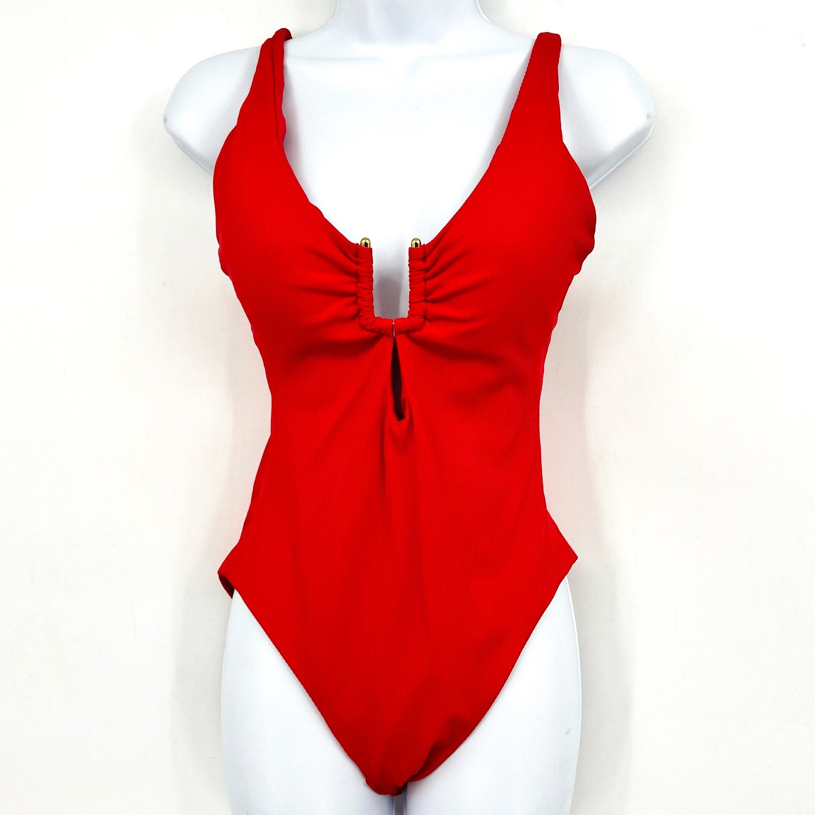 BECCA Women's Modern Edge One Piece Swimsuit Large Fire Red Plunge Neck NWT