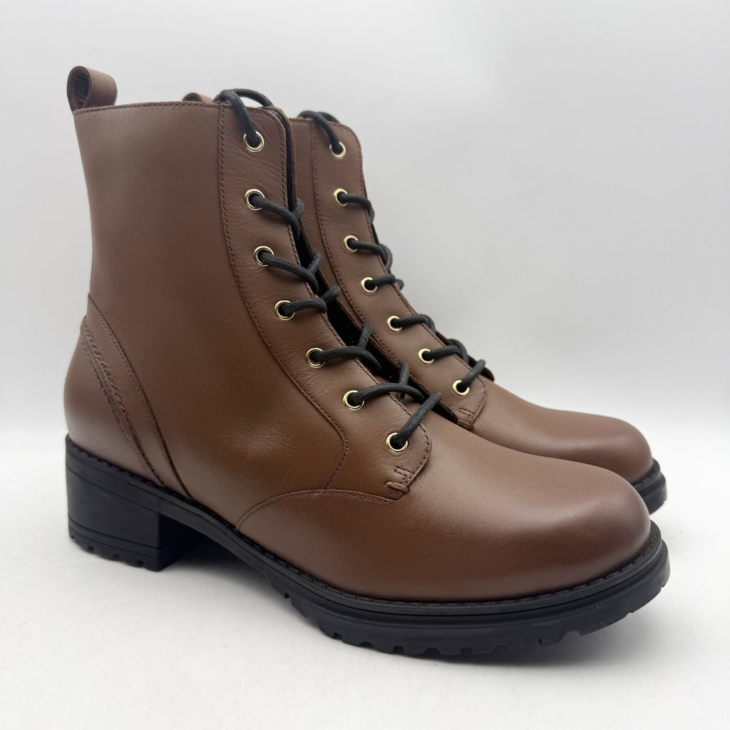 Cole Haan Womens Camea Combat Boots US 7 Brown Leather Zip Side Waterproof NWOB