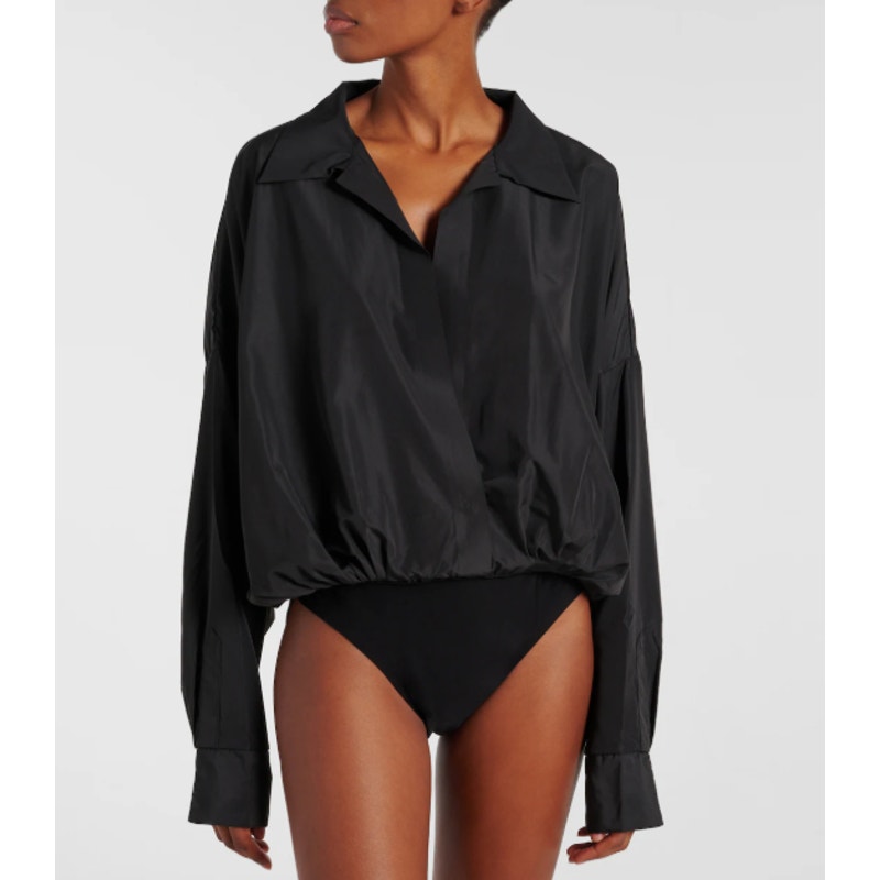 NORMA KAMALI Super Oversized Boyfriend Shirt Bodysuit Small Habotai Black NWOT