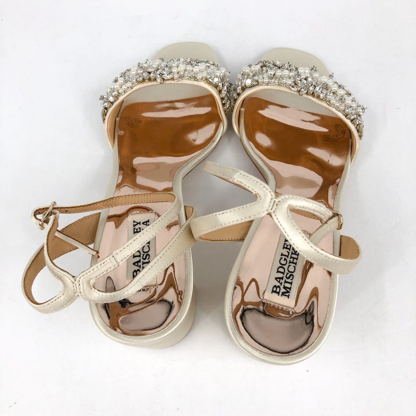 Badgley Mischka Womens Marsha Satin Heels US 9 Ivory Sandals Rhinestone NWOB