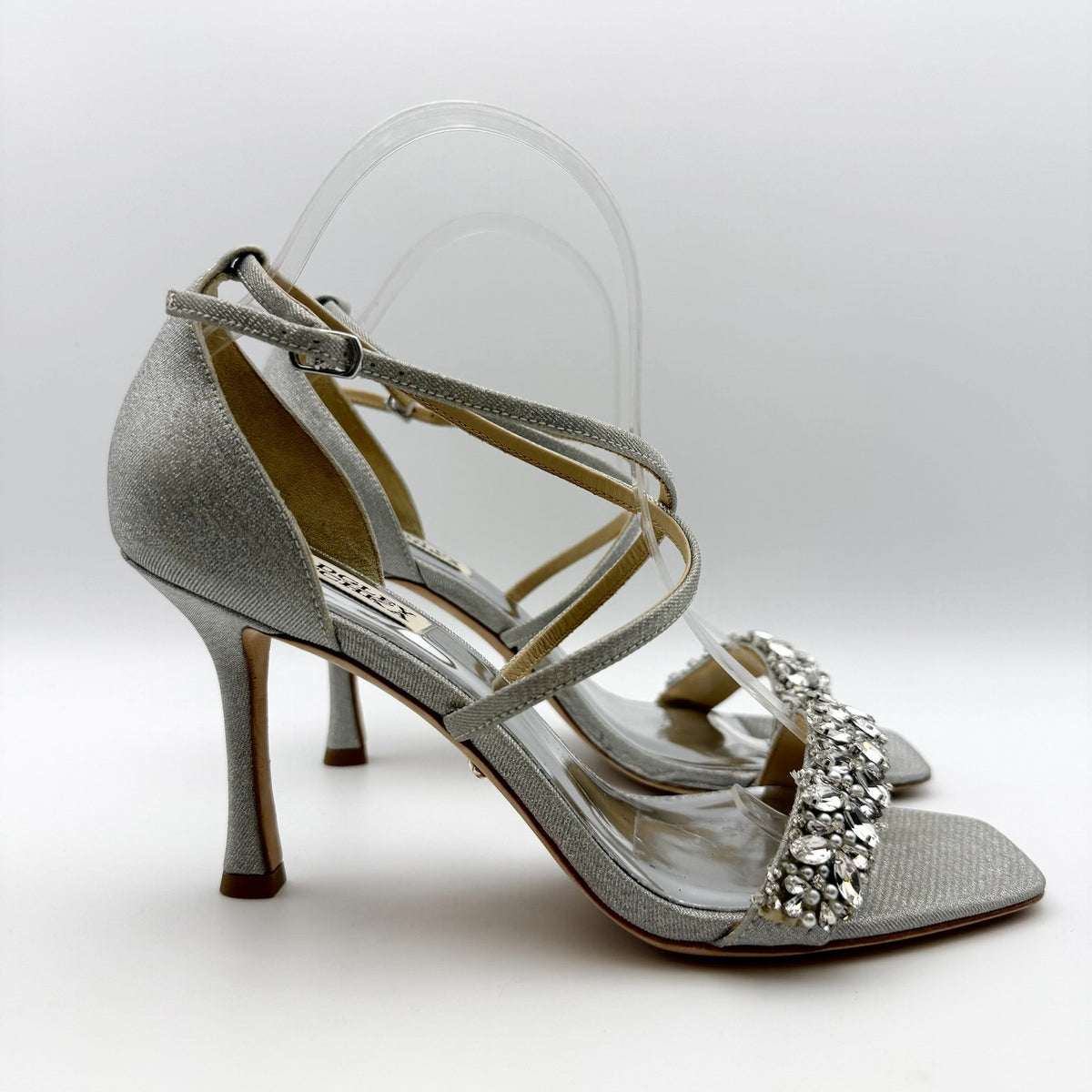 Badgley Mischka Womens Nala Glitter Strappy Heels Size 8 Silver Satin NWOB