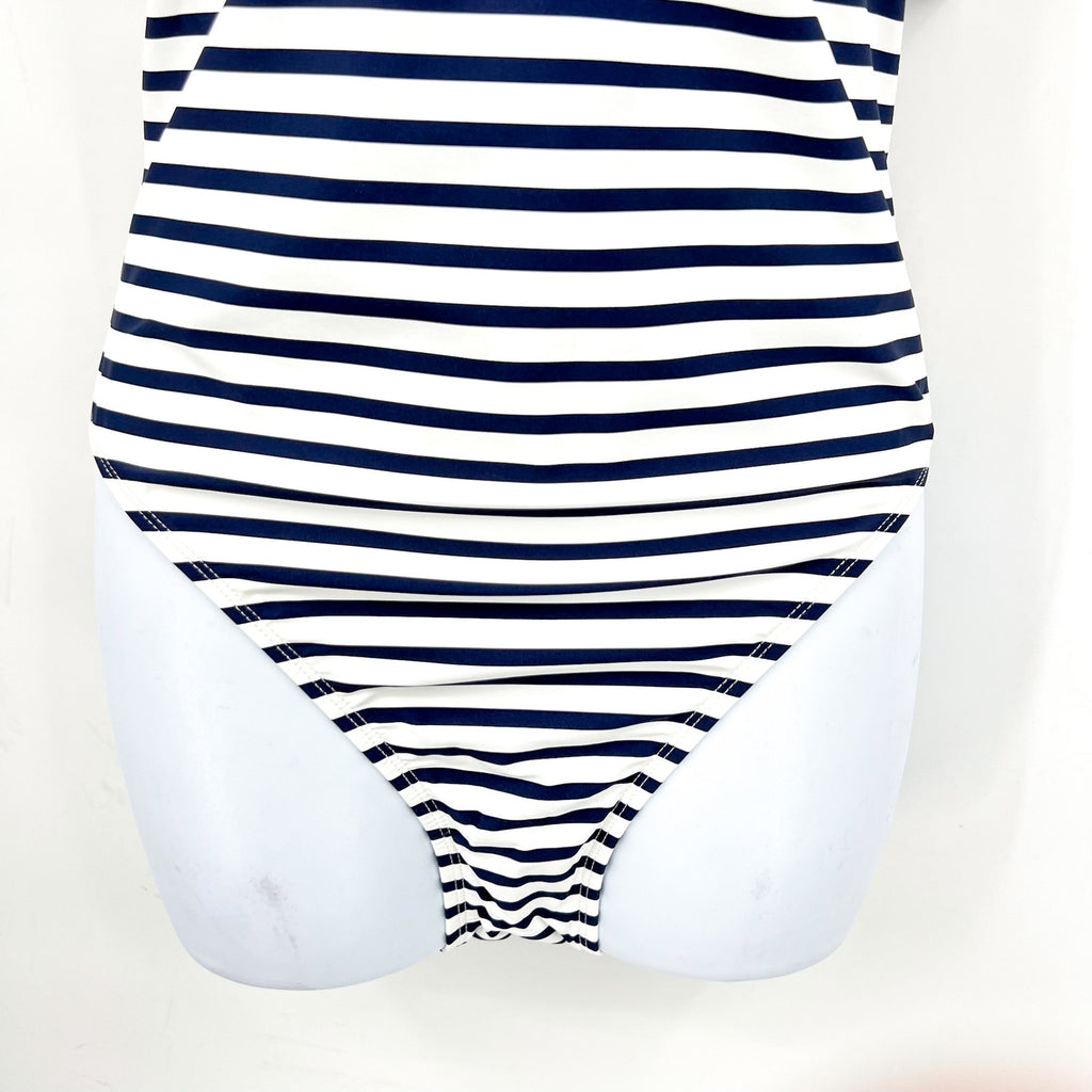 LAUREN RALPH LAUREN Luxe Stripe Laced Tank Swimsuit Size 12 Navy Blue White NWT