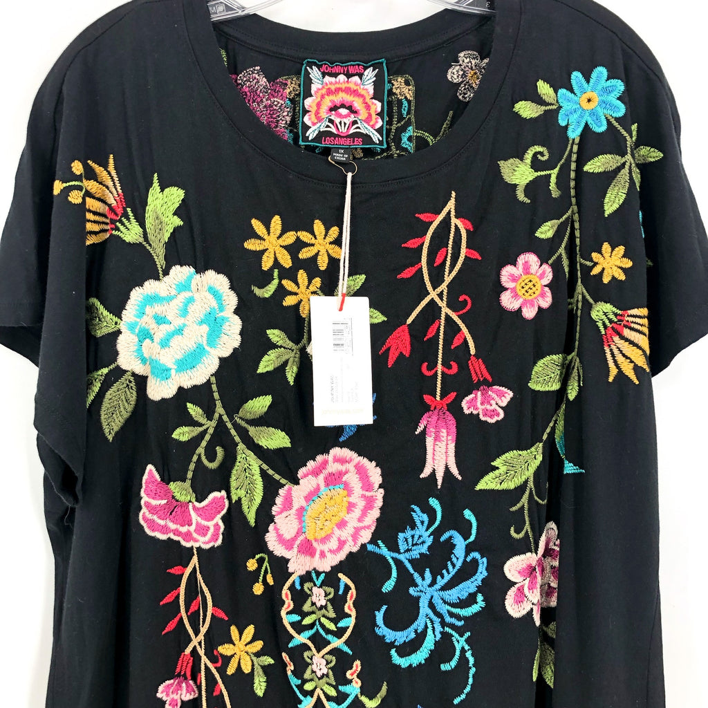 JOHNNY WAS Women's Sheri Relaxed Knit Dress 1X Black Embroidered Floral NWT