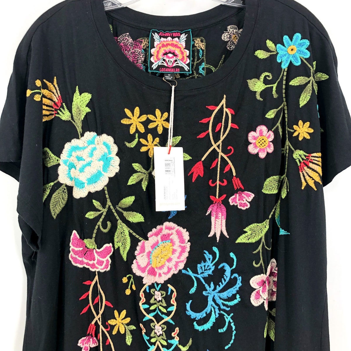 JOHNNY WAS Women's Sheri Relaxed Knit Dress 1X Black Embroidered Floral NWT