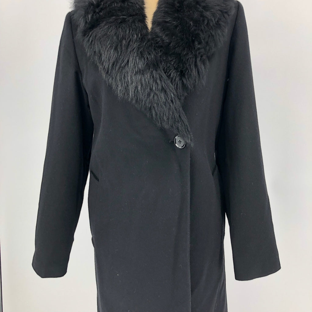 Sofia Cashmere Women Long Full Length Coat 6 Black Fur Collar Wool Cashmere NWOT