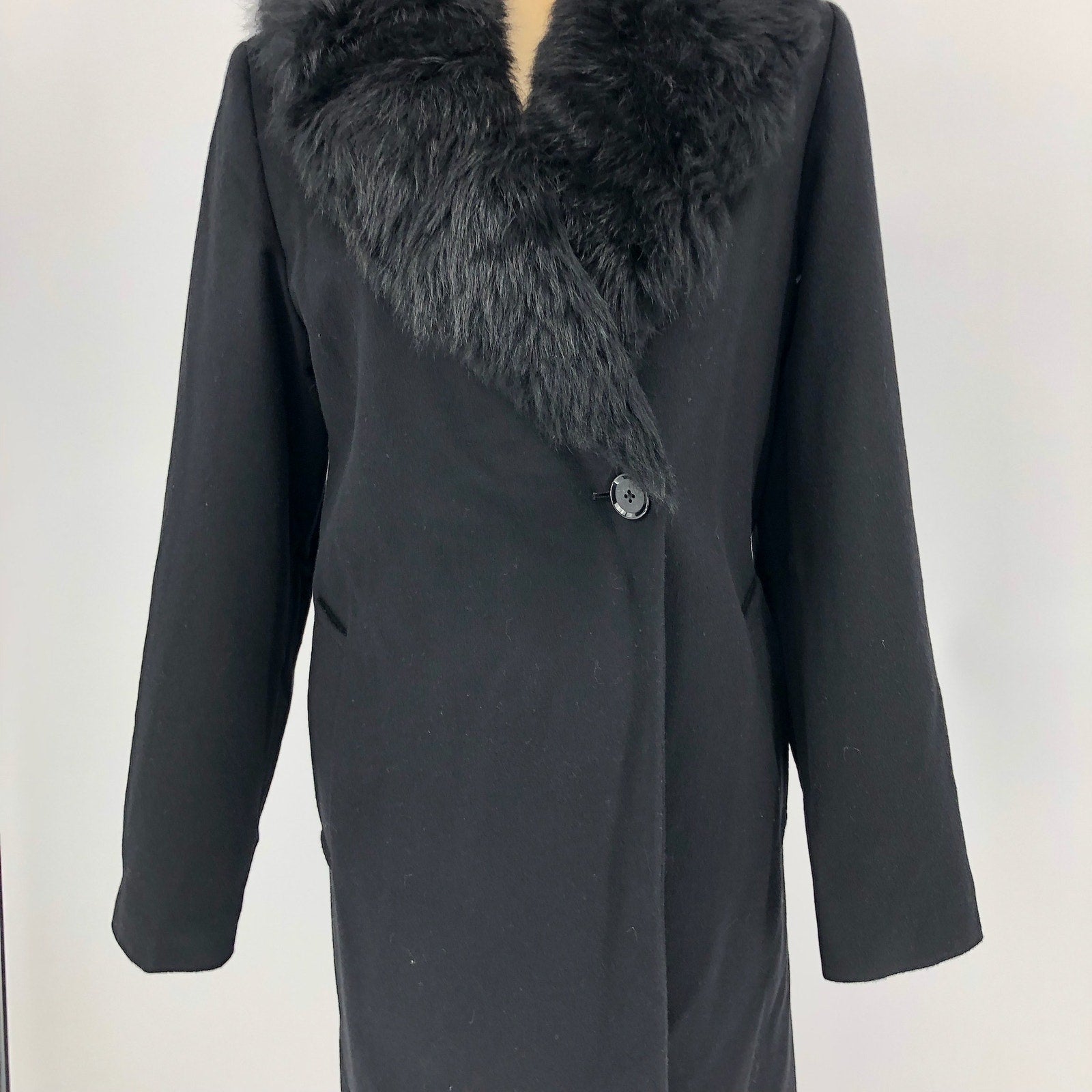 Sofia Cashmere Women Long Full Length Coat 6 Black Fur Collar Wool Cashmere NWOT