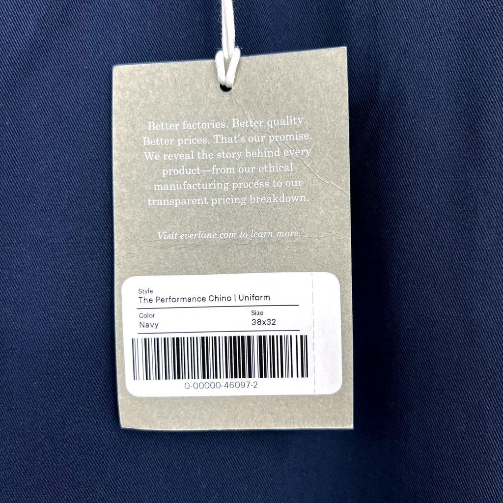 EVERLANE Uniform Mens Performance Chino Pants 38x32 Navy Blue Athletic Fit NWT