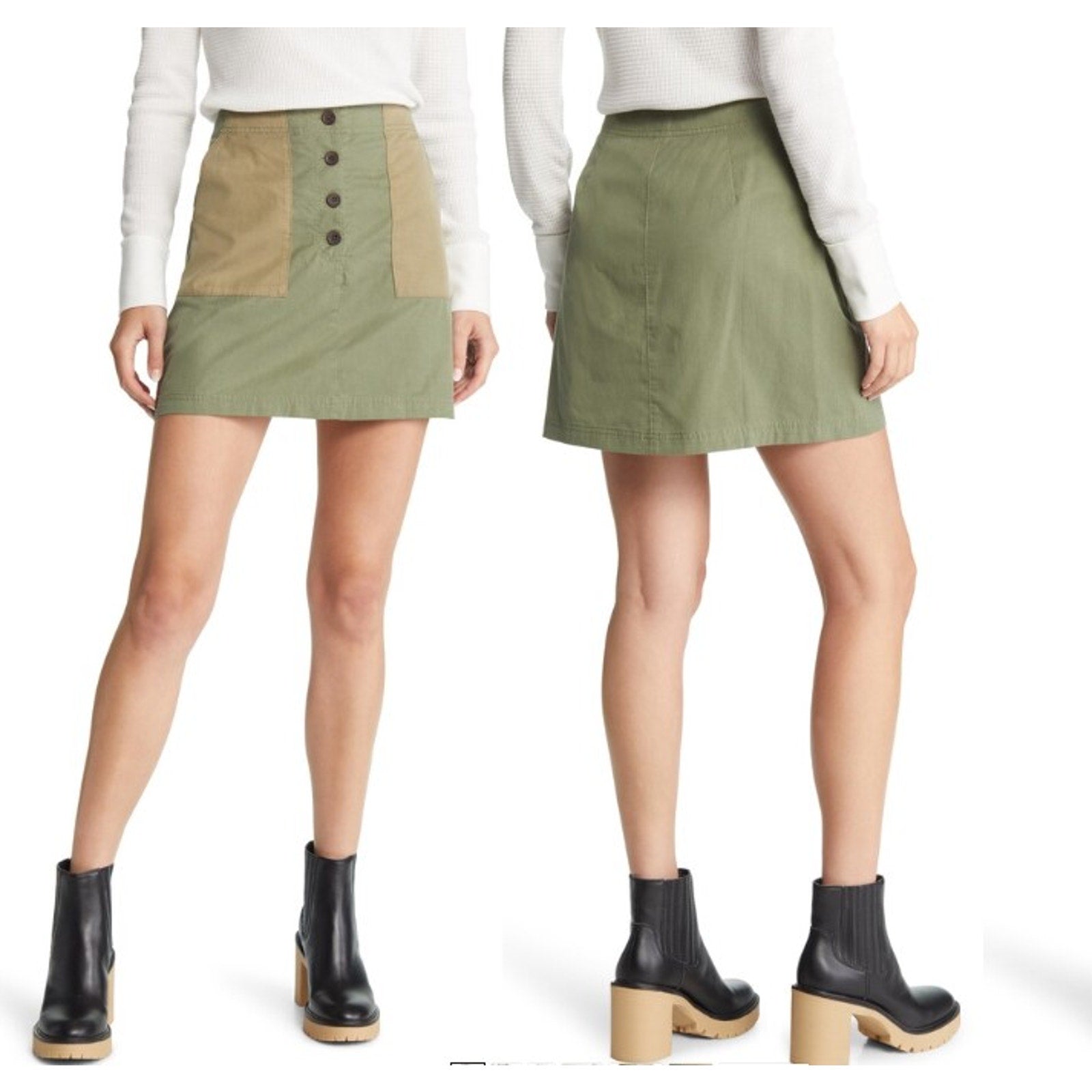 TREASURE & BOND Mini Skirt 2X Olive Green Pocket Block Button Up NWOT