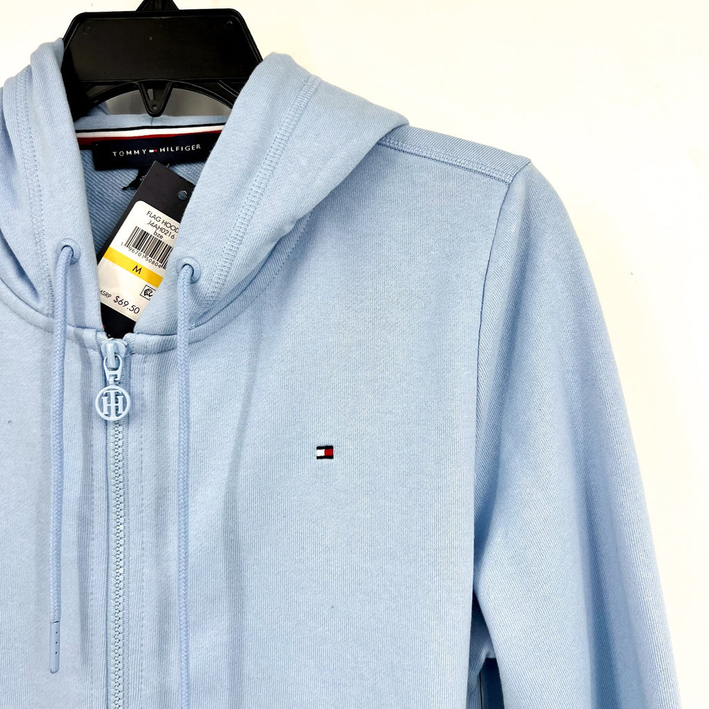 TOMMY HILFIGER Women's Flag Zip Hoodie Sweatshirt Medium Light Blue NWT