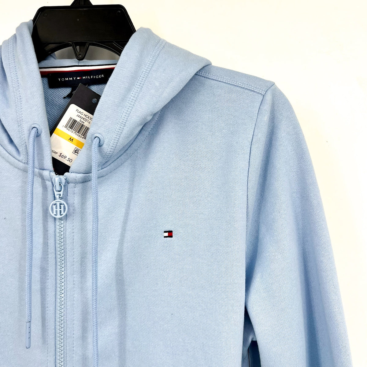 TOMMY HILFIGER Women's Flag Zip Hoodie Sweatshirt Medium Light Blue NWT