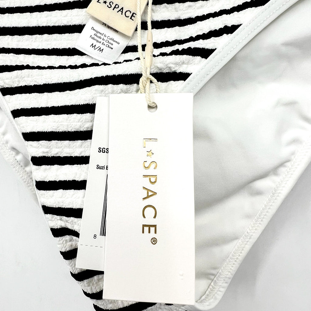 L*SPACE Women's Suzi Classic Bikini Bottom Medium Black White Stripe Ribbed NWT