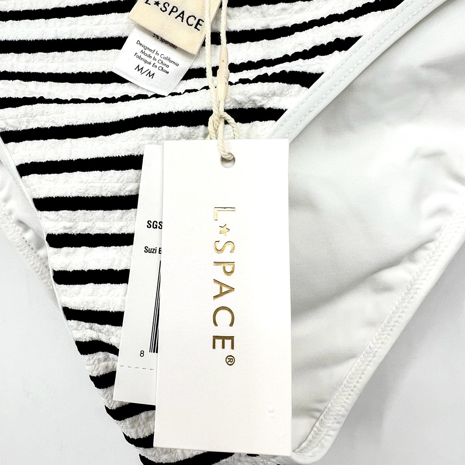 L*SPACE Women's Suzi Classic Bikini Bottom Medium Black White Stripe Ribbed NWT