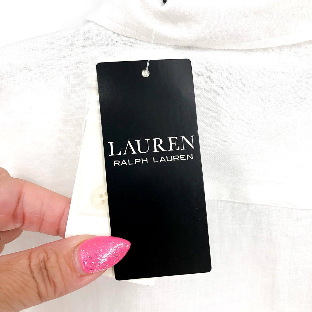 LAUREN RALPH LAUREN Womens Linen Shirt Medium White Roll Tab Sleeve NWT