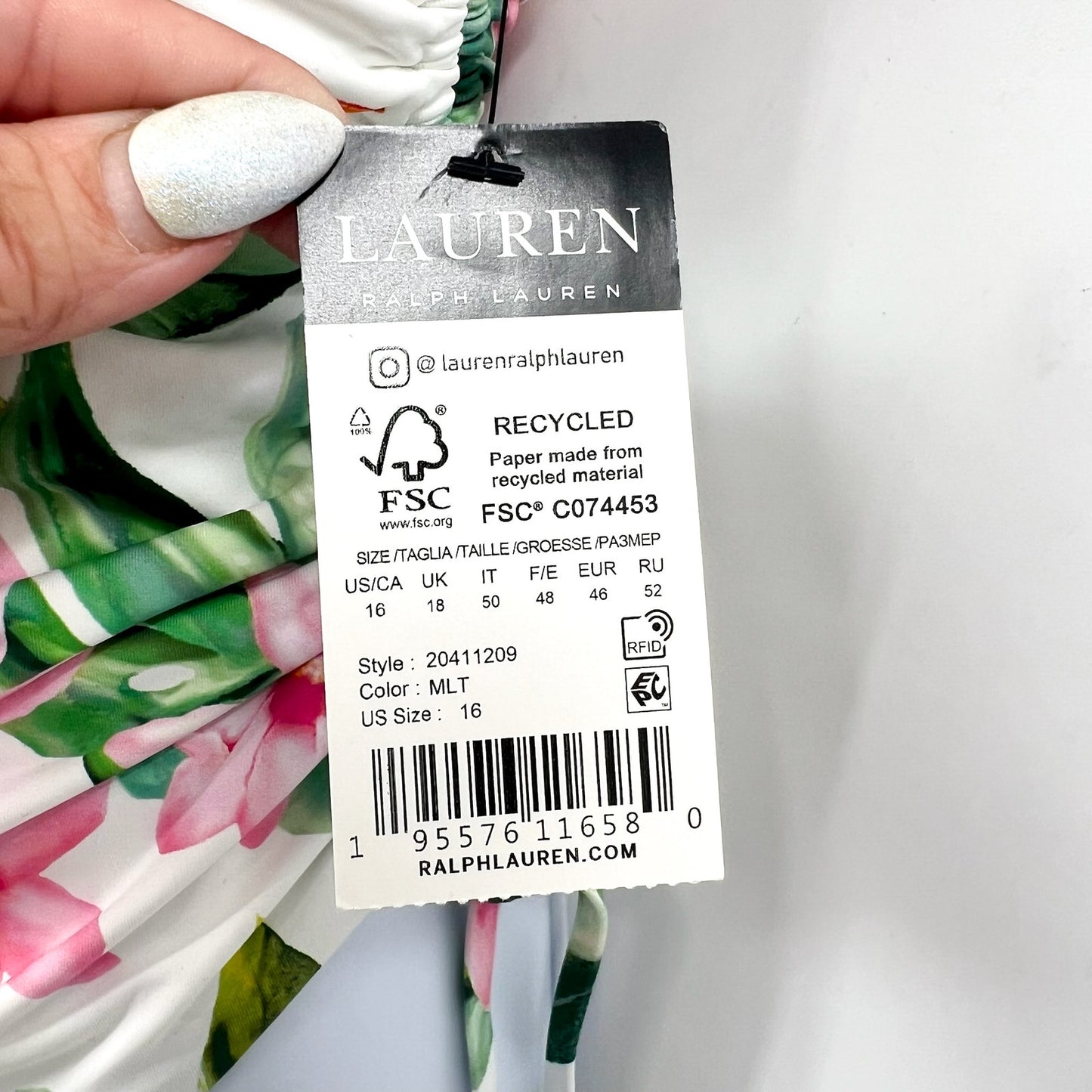 LAUREN RALPH LAUREN Plunge One Piece Swimsuit 16 White Watercolor Floral NWT