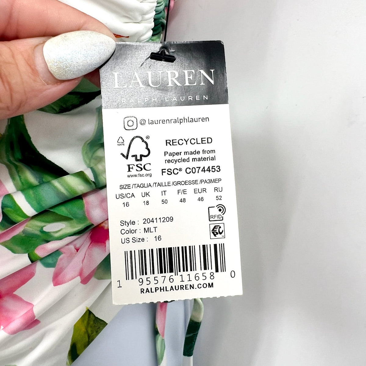 LAUREN RALPH LAUREN Plunge One Piece Swimsuit Size 16 White Floral NWT