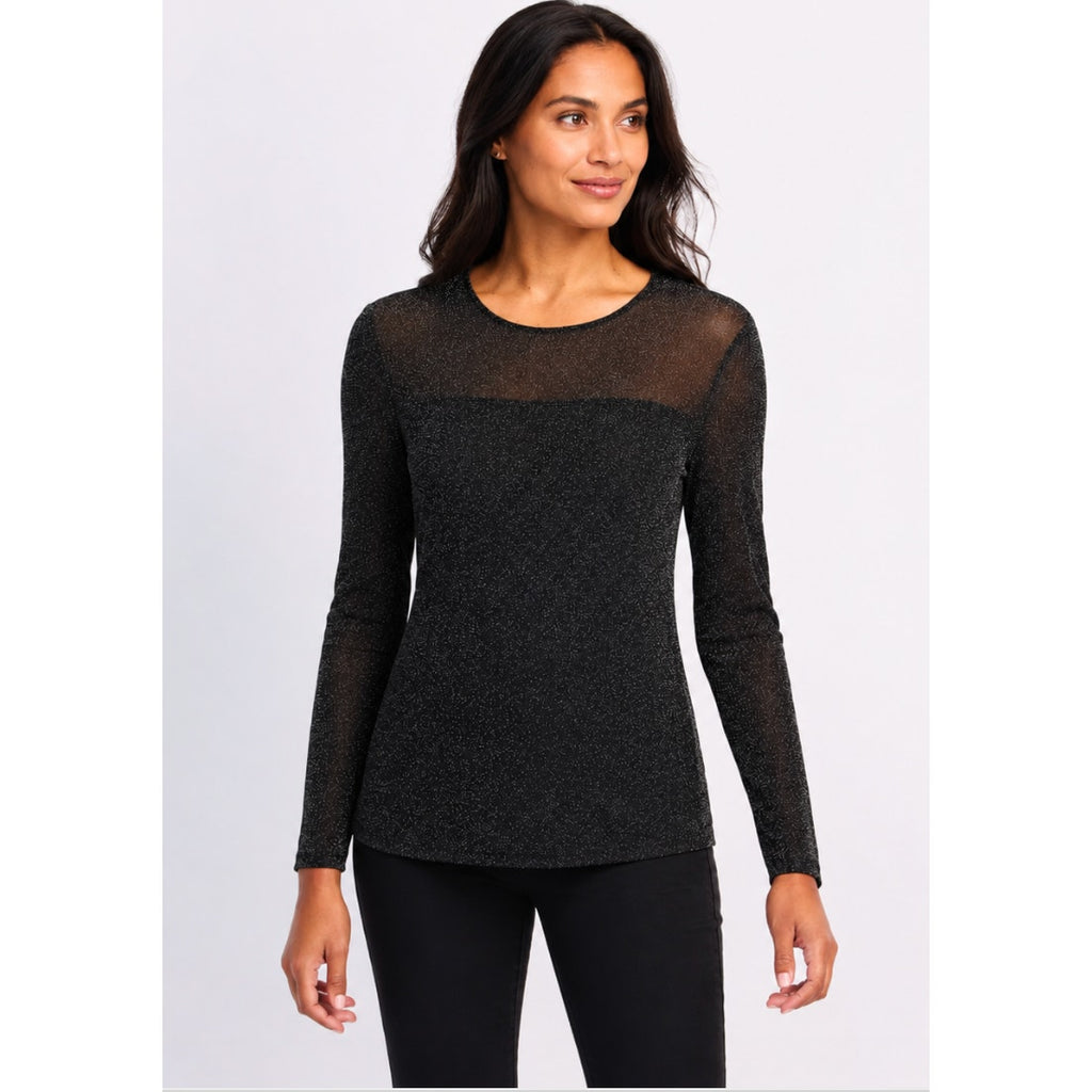 LES SEREIN Long Sleeve Glitter Mesh Sheer Top Small Black Silver Metallic NWT