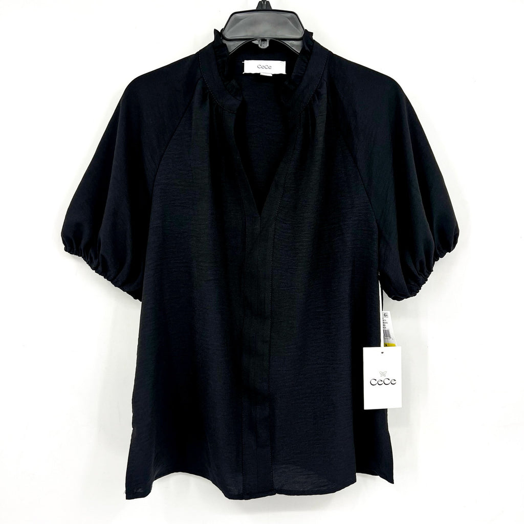 CECE Women's Ruffle Neck Blouse Top Medium Rich Black Raglan Split Seam NWT