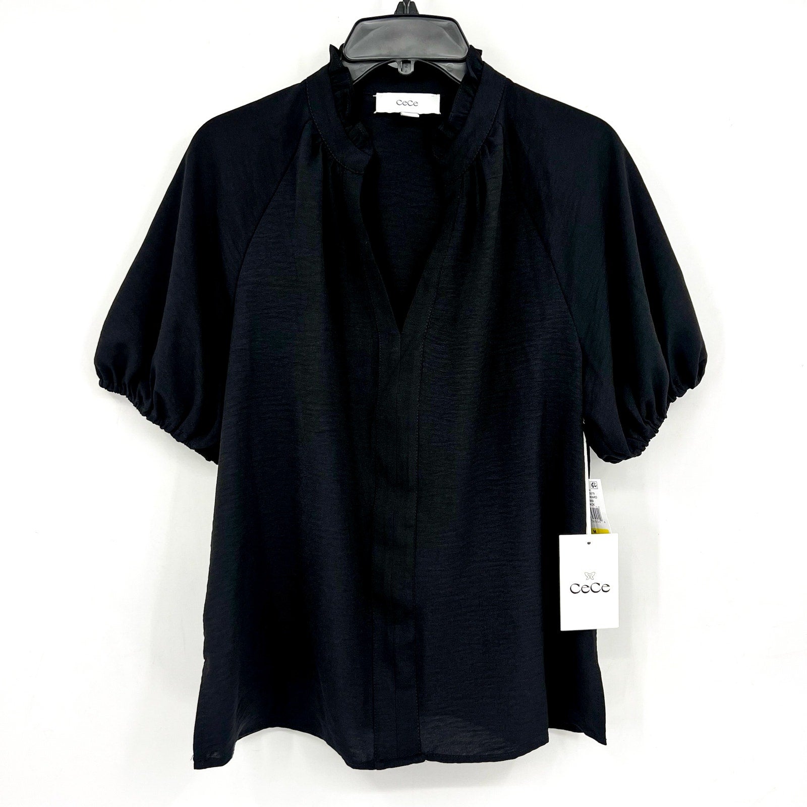 CECE Women's Ruffle Neck Blouse Top Medium Rich Black Raglan Split Seam NWT