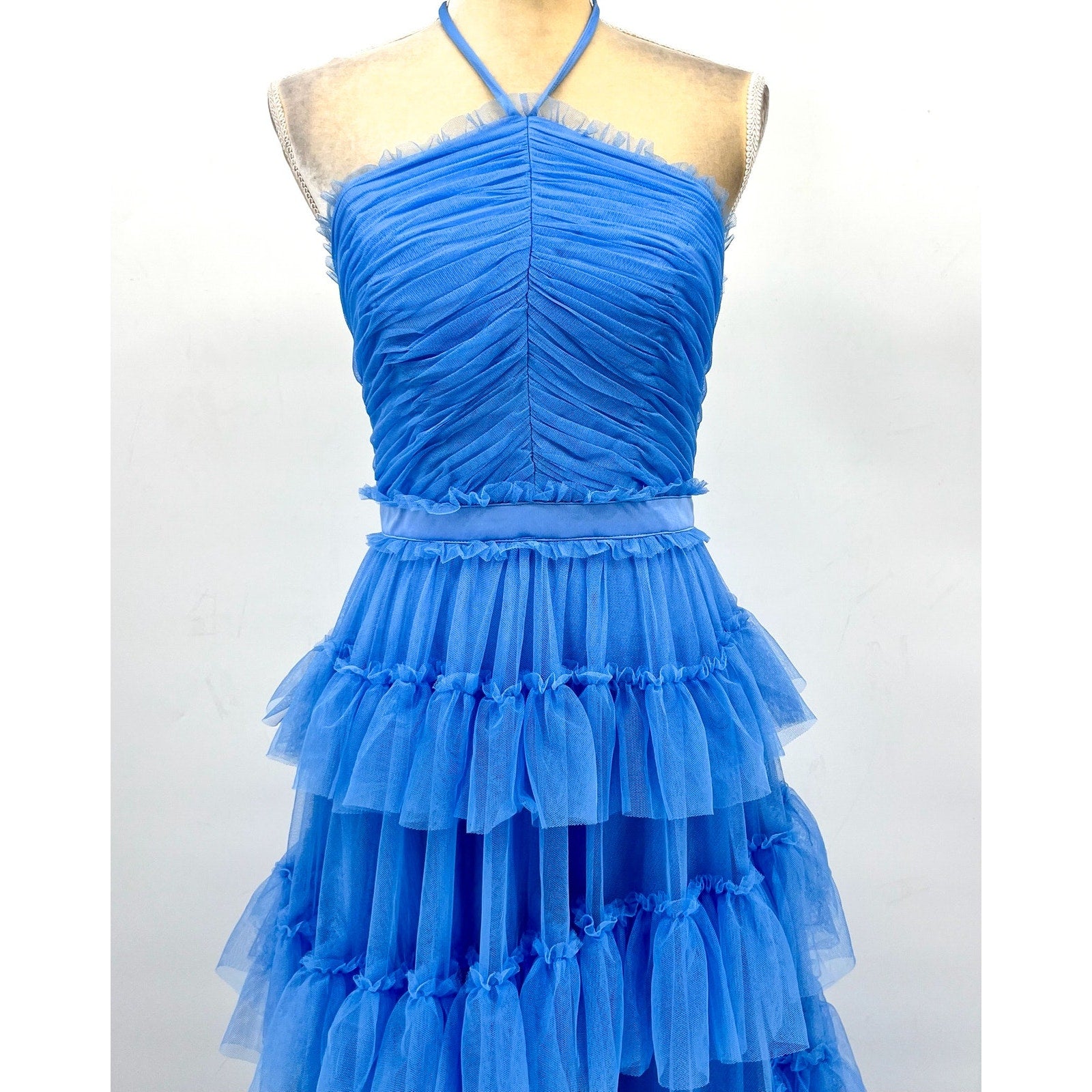 AQUA Women's Tulle Tiered Ruffle Gown Size 2 Cornflower Blue Open Back Dress NWT