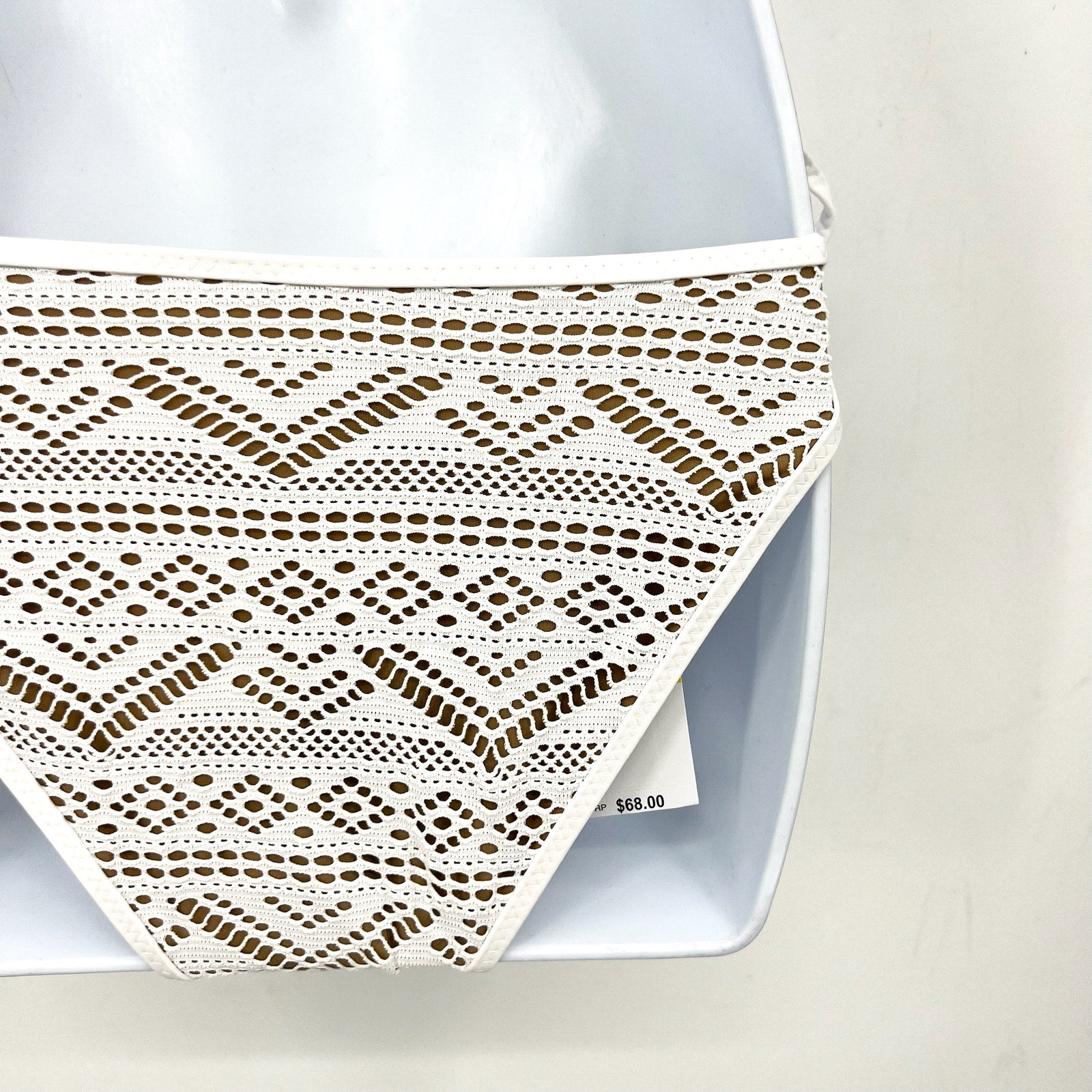 BECCA Virtue Color Play Crochet Tie Side Bikini Bottom Medium White/Tan NWT