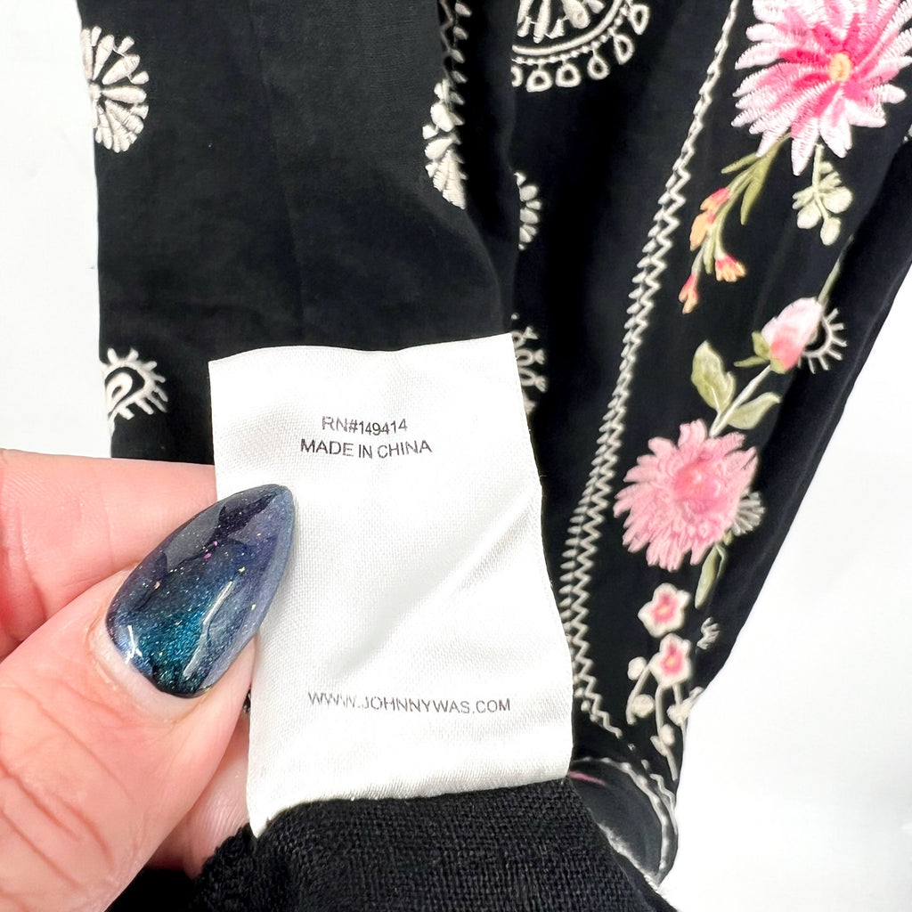 JOHNNY WAS Della Tank Midi Dress Medium Black Floral-Embroidered Linen NWT