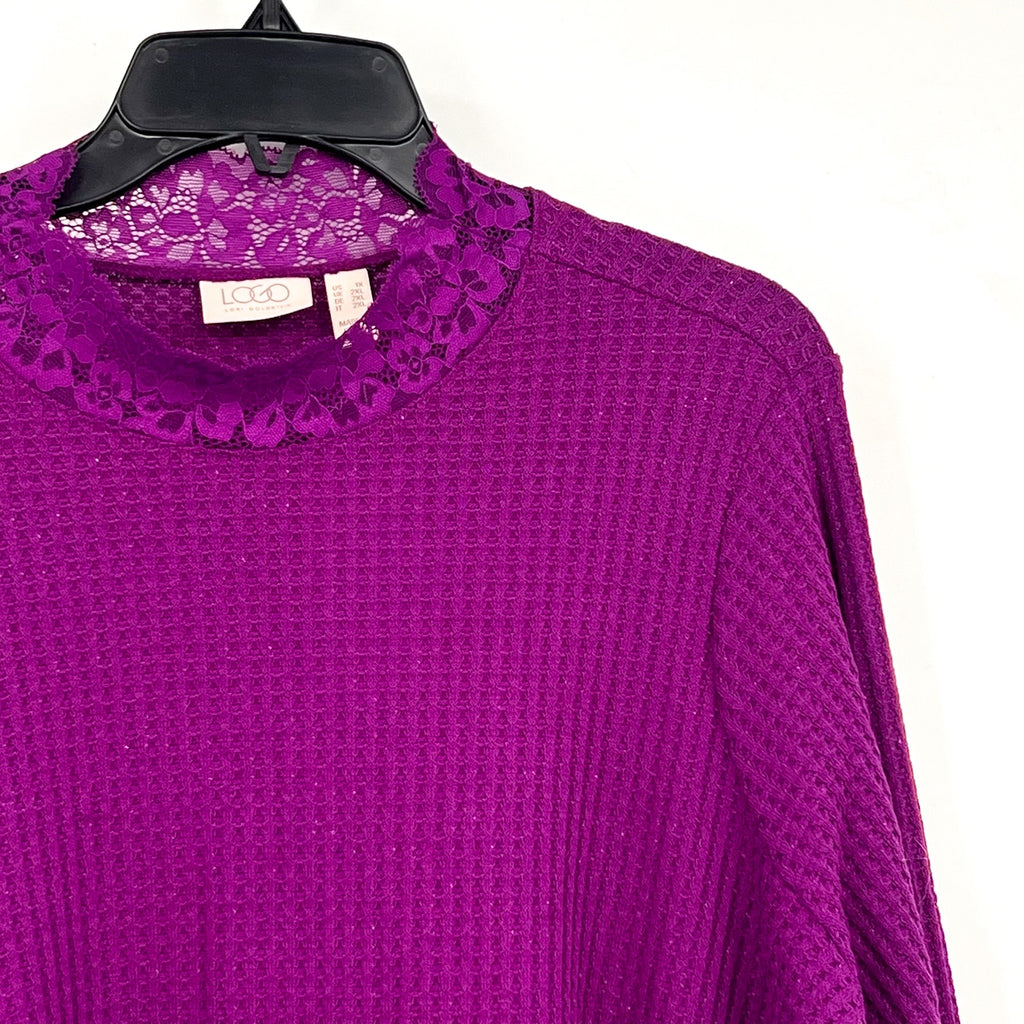 LOGO LORI GOLDSTEIN Metallic Waffle Knit Top 1X Purple Long Sleeve NWOT