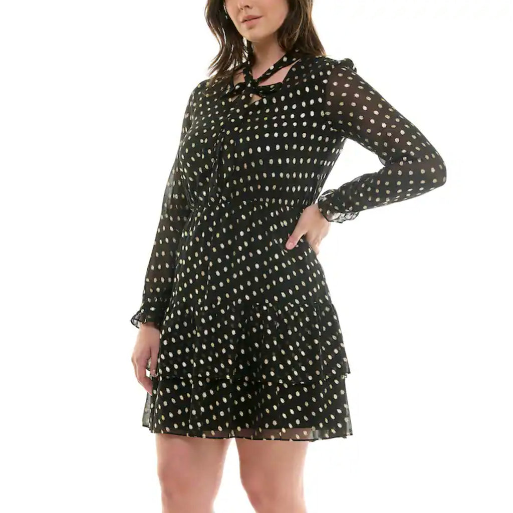 NANETTE LEPORE Metallic Dot Dress Size 2 Black Gold Chiffon Ruffle Neck NWT