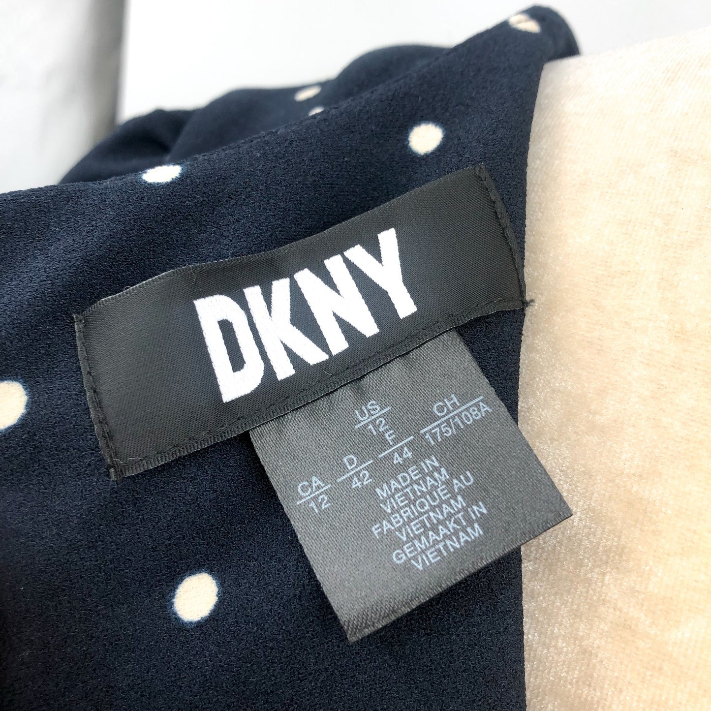 DKNY Women's Polka-Dot Puff-Sleeve Midi Dress Size 12 Navy Waist Tie Belt NWT