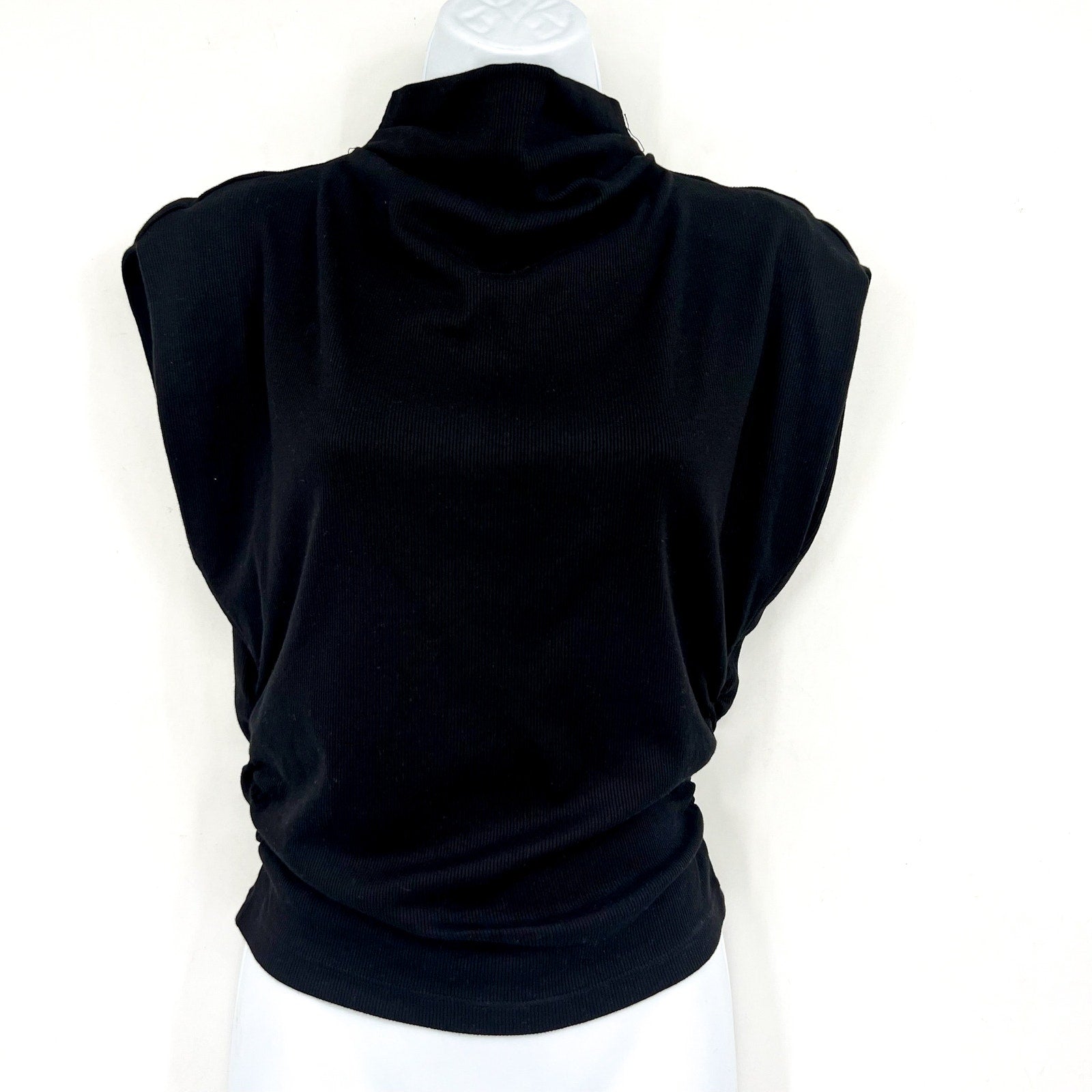 MICHAEL STARS Women's Amara Powershoulder Top Medium Black Mock Neck Ribbed NWT