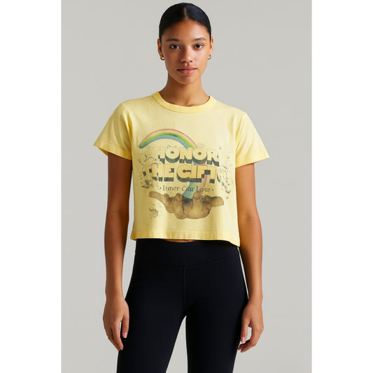 HONOR THE GIFT Women's Palms Cropped Graphic T-Shirt Small Yellow Blonde NWT