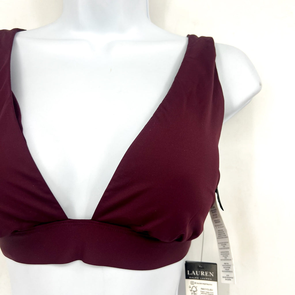 LAUREN RALPH LAUREN Banded V-Neck Bikini Top Size 10 Red Claret Beach Club NWT