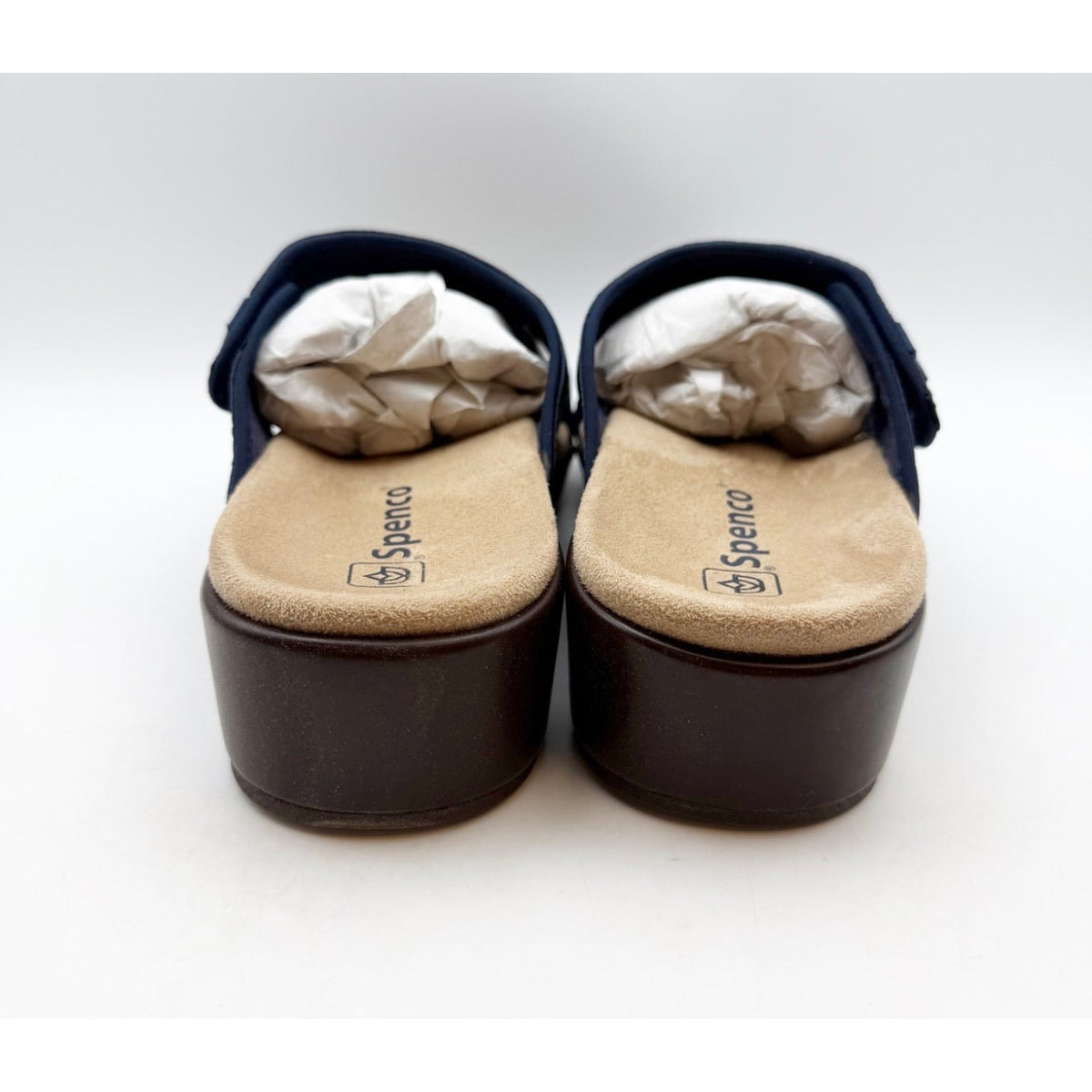 Spenco Women's Karla Wedge Sandals Size 10 Wide Blue Peacoat Navy Brown NIB