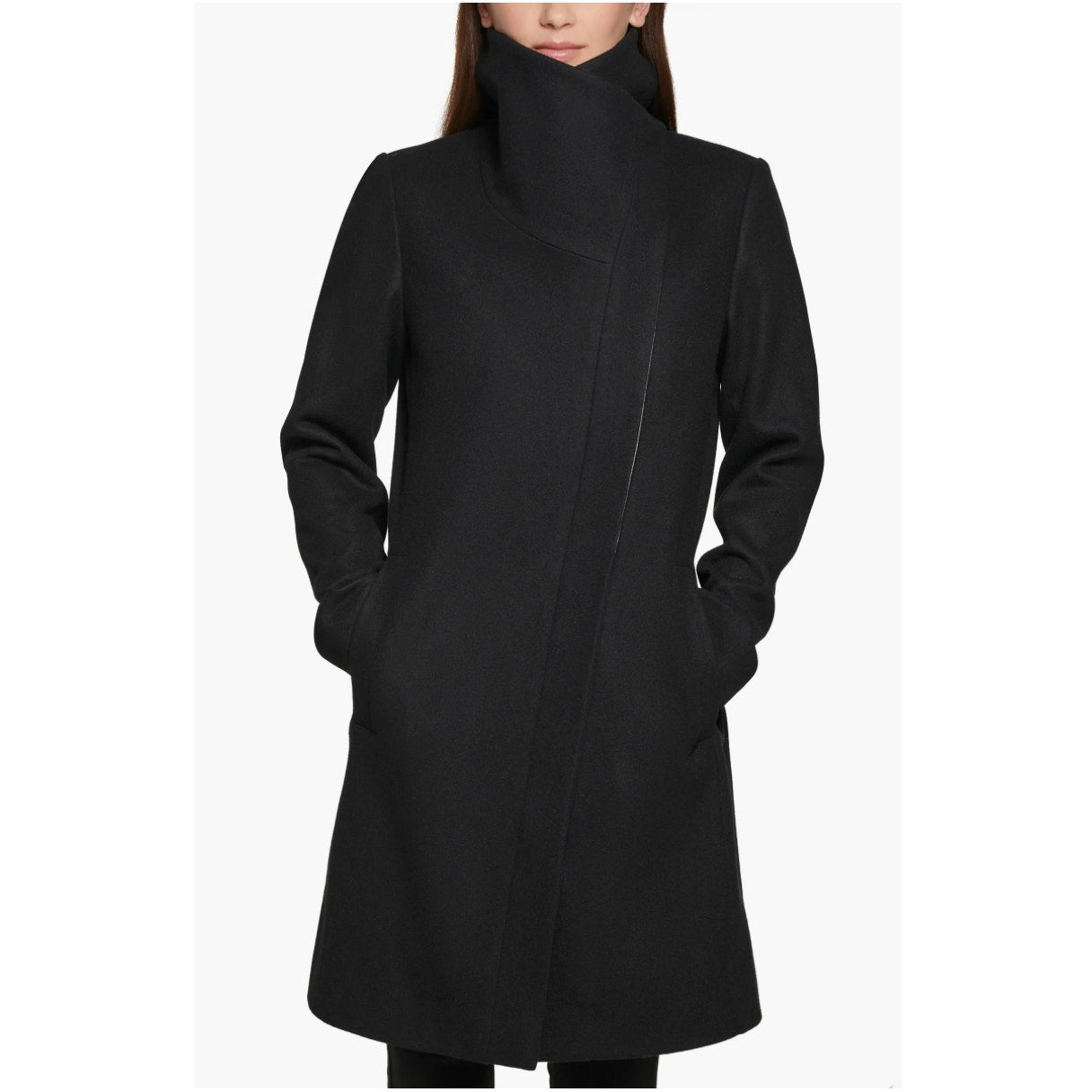 KENNETH COLE Womens Melton Wool Blend Coat Small Black Faux Leather Trim NWOT
