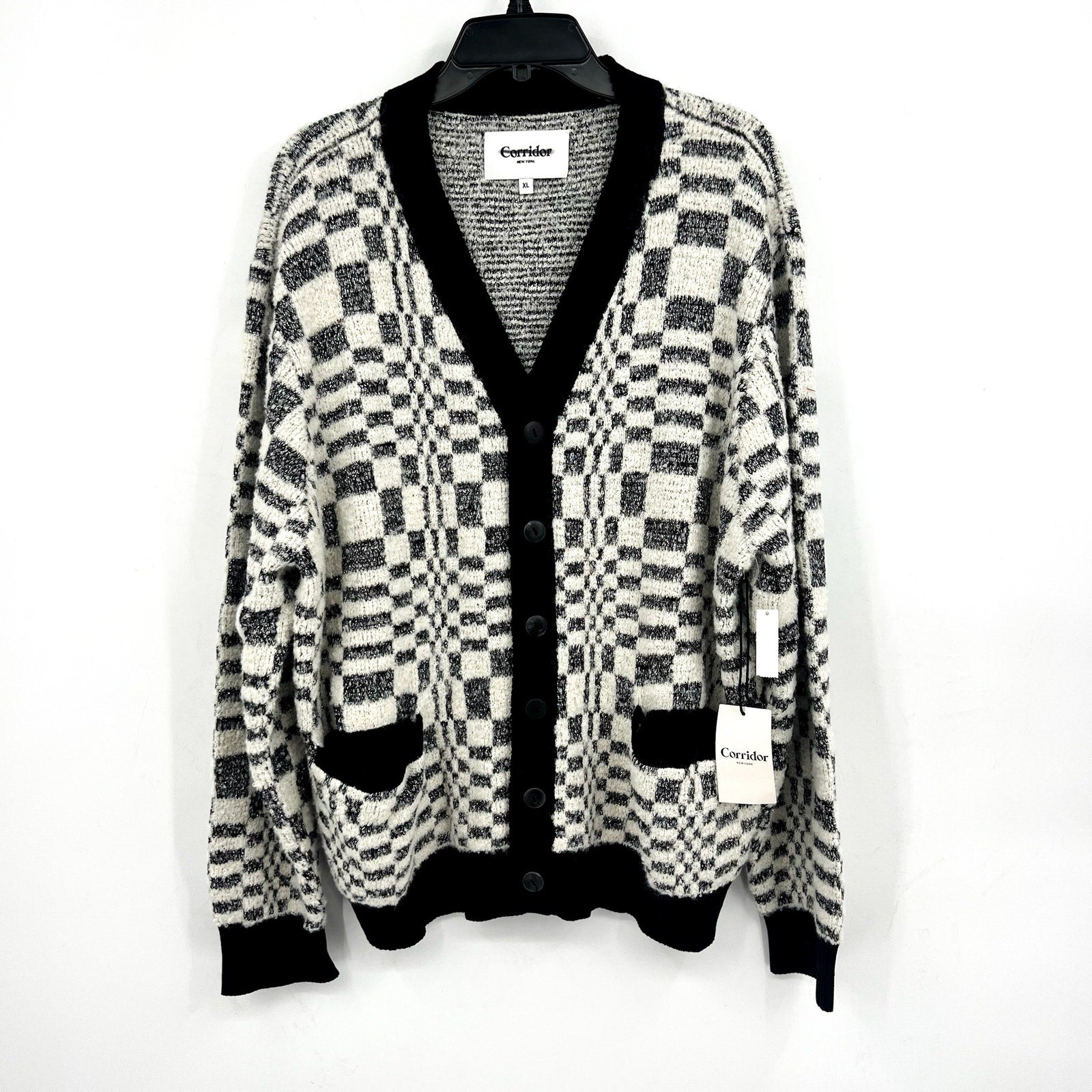 Corridor Mens Optic Alpaca Cardigan XL Black Check Print Sweater NH809 NWT