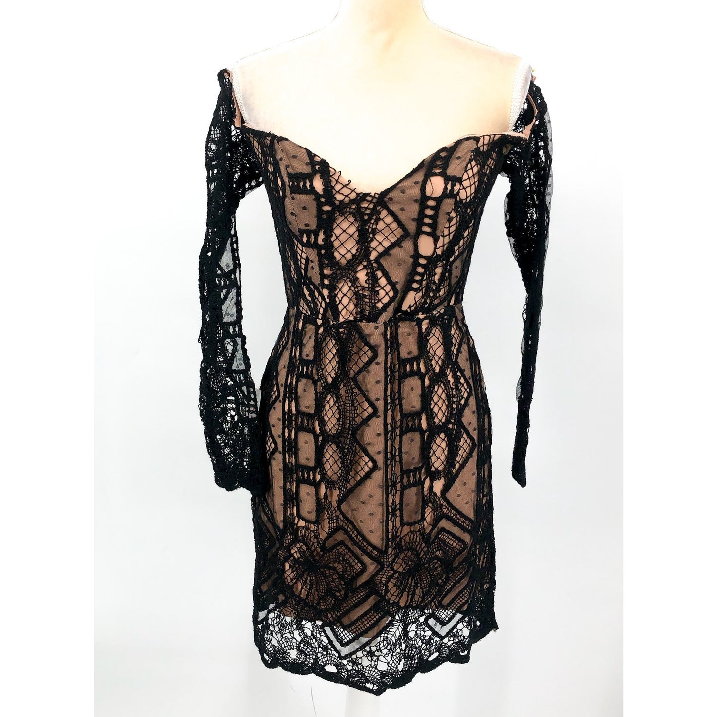 BARDOT Women's Zendaya Mini Lace Dress US 8 Large Black Nude Off Shoulder NWT