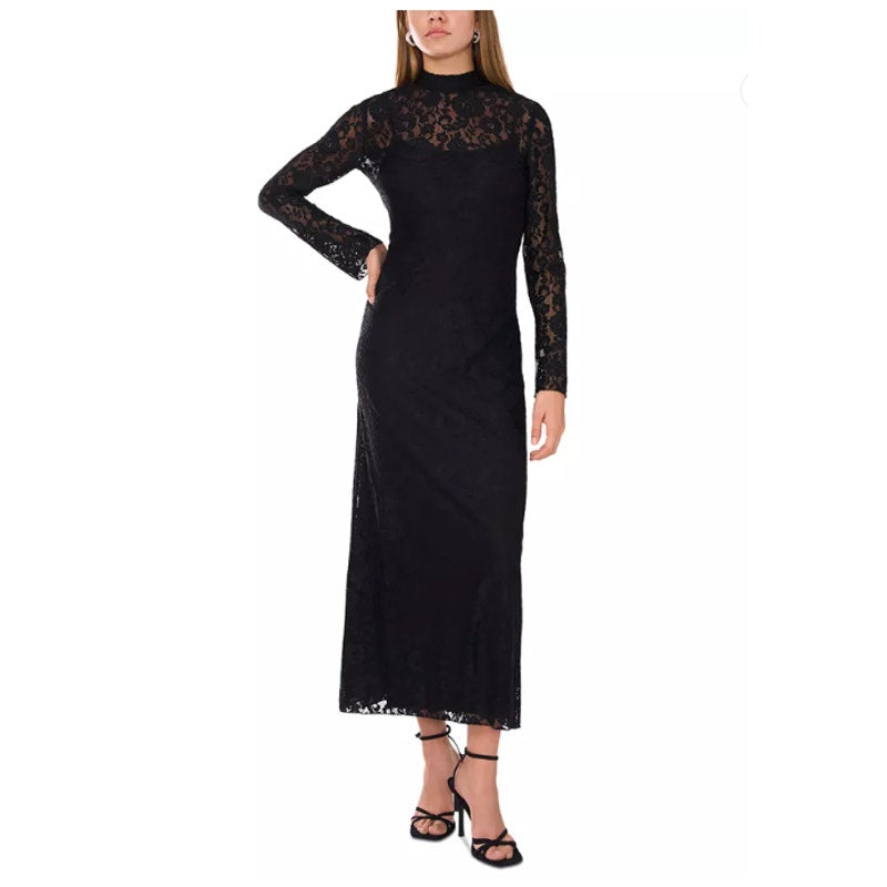 VINCE CAMUTO Women's Lace-Detail Maxi Dress XS Black Long-Sleeve Mock Neck NWT