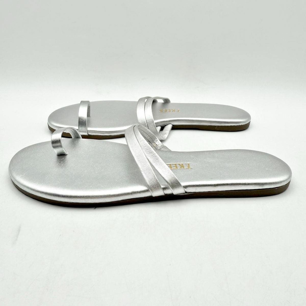 TKEES Womens Leah Slide Sandals Size 5 EU 36 Silver Slip On Flat NWOB