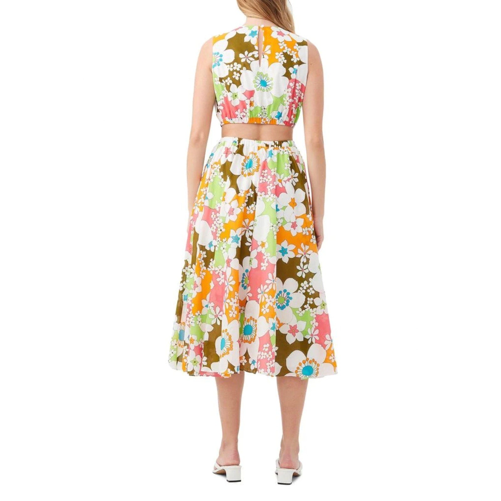 Trina Turk Womens Floral Artimo Midi Dress Medium White Multi Cut Out Casual NWT
