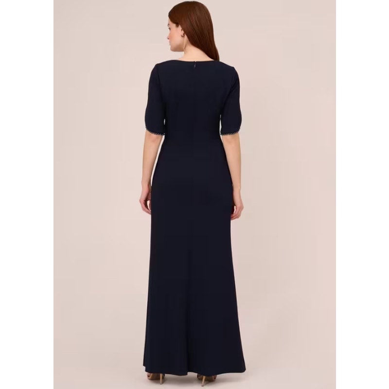 ADRIANA PAPELL Tulip Sleeve Column Gown Size 6 Navy Blue Midnight Pearl NWOT