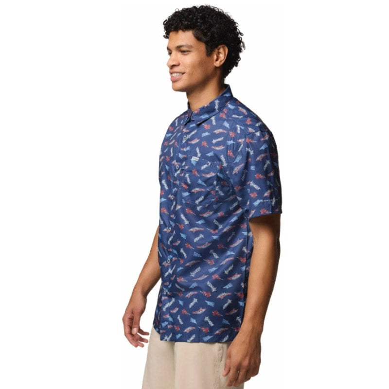 COLUMBIA Men's Super Slack Tide Camp Shirt Small Blue Norturnal Print UPF 40 NWT