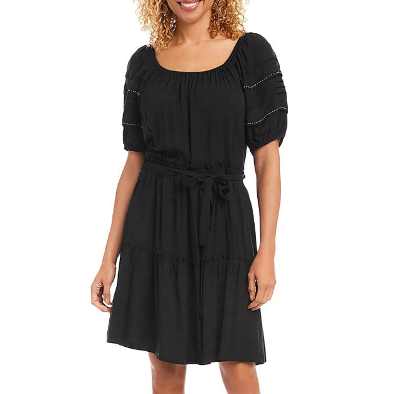 KAREN KANE Women's Tiered Boho Dress Large Black Puff Sleeve NWOT