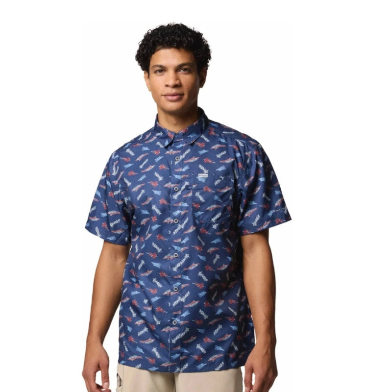 COLUMBIA Men's Super Slack Tide Camp Shirt Small Blue Norturnal Print UPF 40 NWT