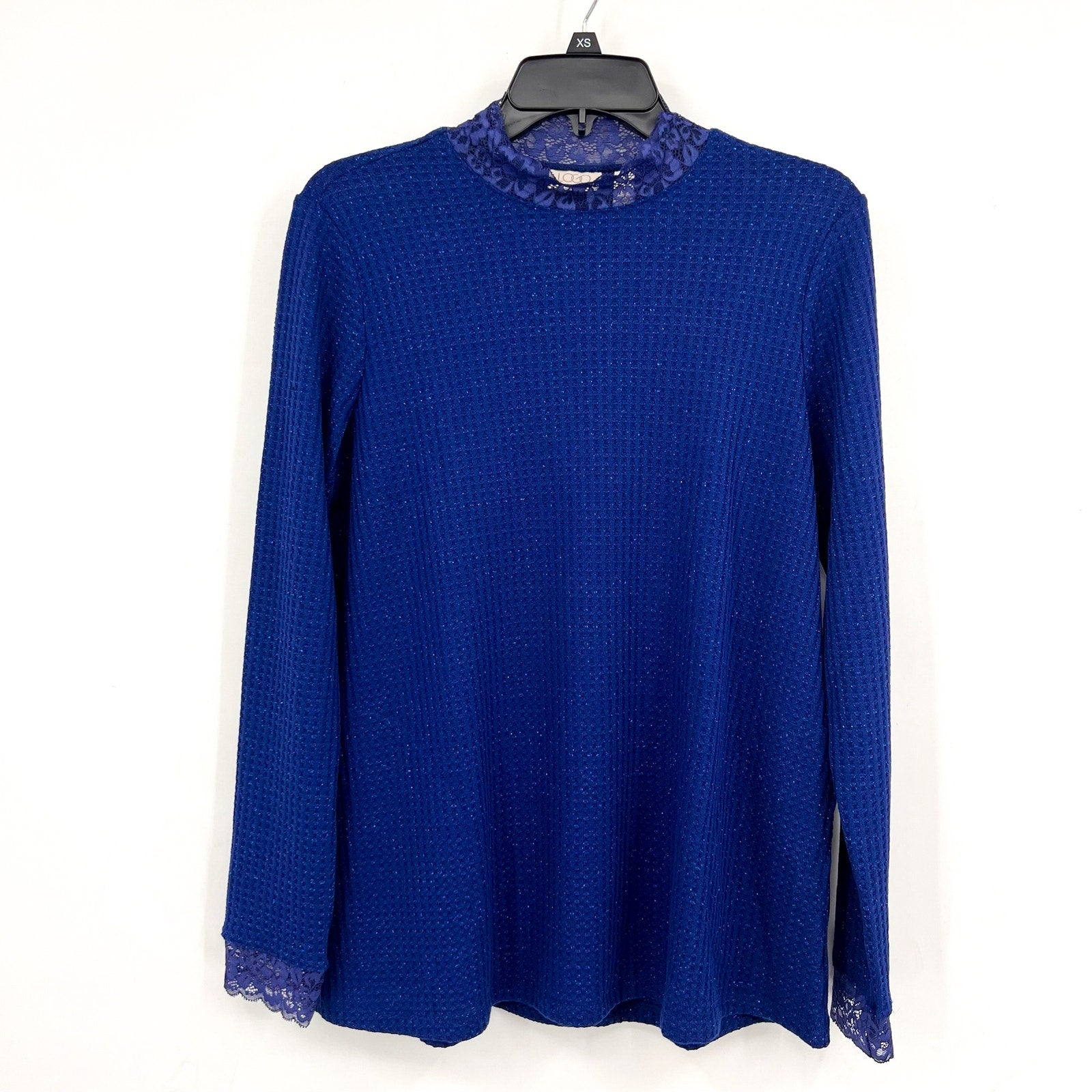 LOGO LORI GOLDSTEIN Metallic Waffle Knit Top Small Blue Sodalite Mock Neck NWOT